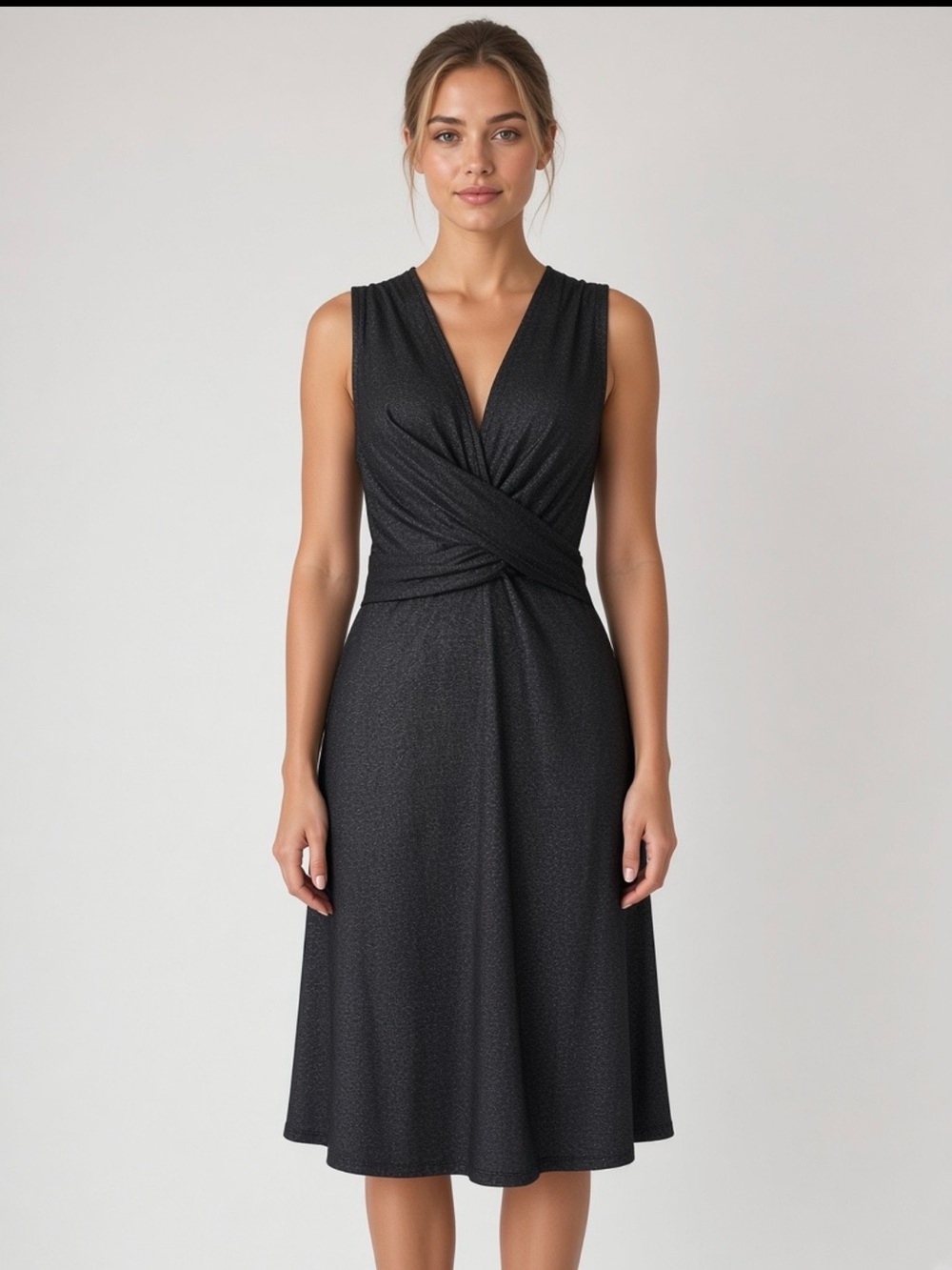 Sleeveless Shimmer Wrap-Style Midi Dress in Black